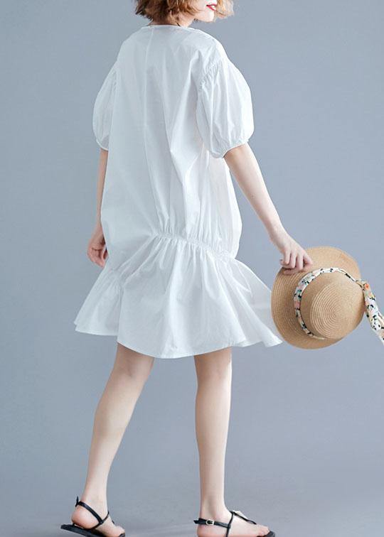 Beautiful o neck lantern sleeve Cotton pattern white Dresses - SooLinen