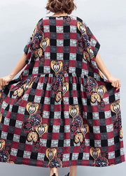 Beautiful o neck large hem linen quilting dresses To Get design red Plaid Art Dress summer