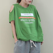 Beautiful o neck off the shoulder cotton Blouse design green print tops - SooLinen