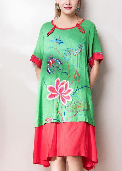 Beautiful o neck patchwork cotton linen quilting dresses Inspiration green embroidery Dress summer - SooLinen