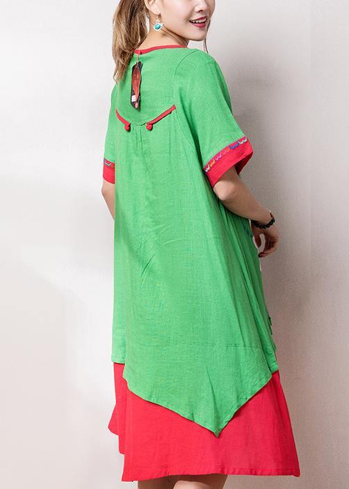 Beautiful o neck patchwork cotton linen quilting dresses Inspiration green embroidery Dress summer - SooLinen