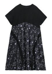 Beautiful o neck patchwork summer dress black print long Dress - SooLinen