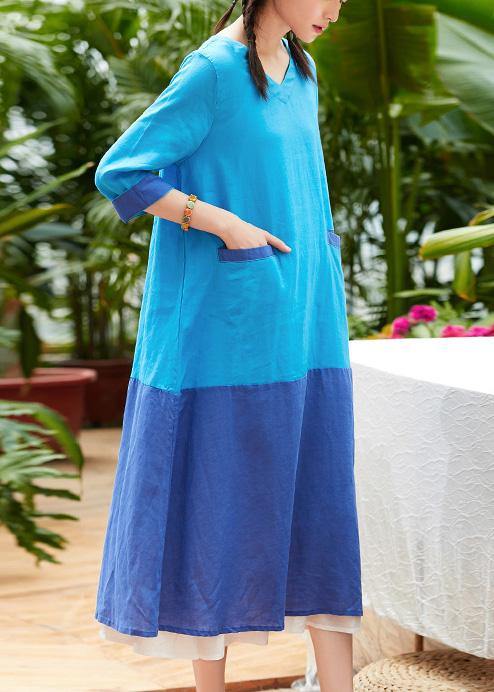 Beautiful o neck pockets linen Wardrobes Photography light blue patchwork Dress summer - SooLinen