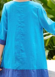 Beautiful o neck pockets linen Wardrobes Photography light blue patchwork Dress summer - SooLinen