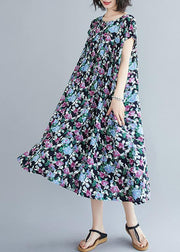 Beautiful o neck pockets summer quilting clothes Inspiration blue print long Dresses - SooLinen