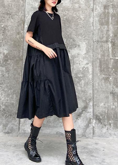 Beautiful o neck Cinched Cotton summer clothes For Women Shape black Dress - SooLinen
