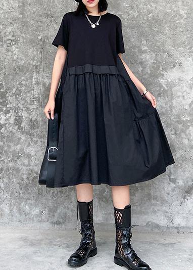 Beautiful o neck Cinched Cotton summer clothes For Women Shape black Dress - SooLinen