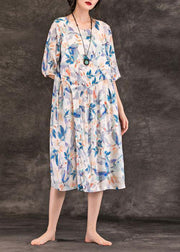 Beautiful o neck Cinched linen clothes For Women Neckline white print Dress summer - SooLinen