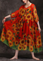 Beautiful o neck Cinched Chiffon dress pattern red print Dress summer - SooLinen