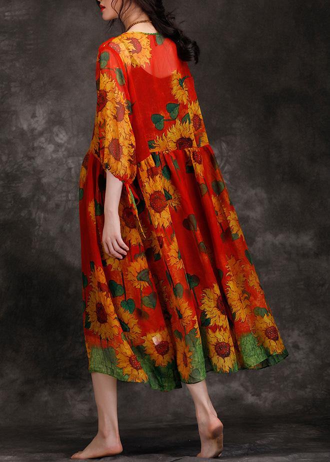 Beautiful o neck Cinched Chiffon dress pattern red print Dress summer - SooLinen