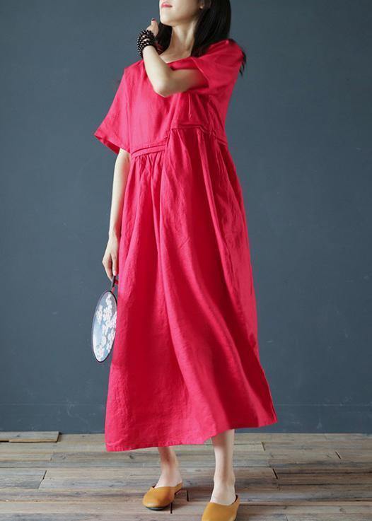 Beautiful o neck Cinched linen summer clothes Fabrics red Dresses - SooLinen