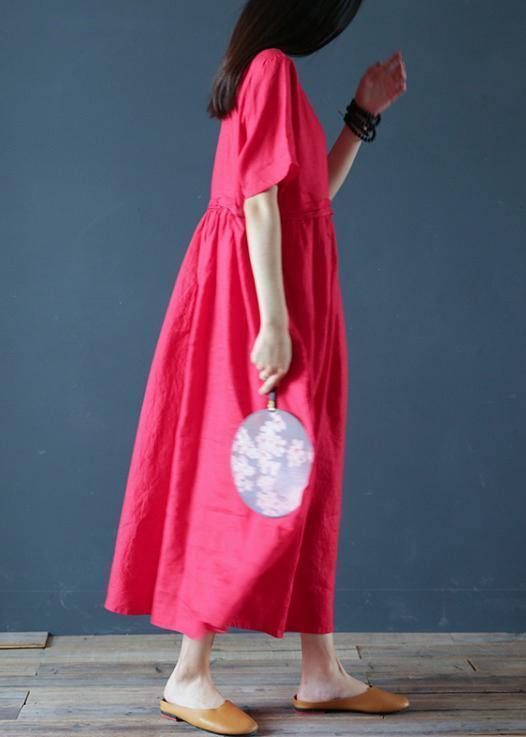 Beautiful o neck Cinched linen summer clothes Fabrics red Dresses - SooLinen