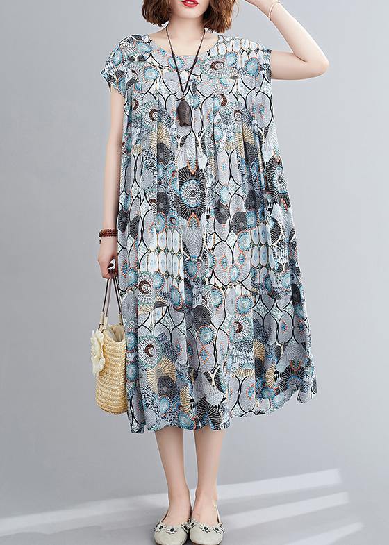 Beautiful o neck Cinched summer clothes Inspiration blue print Dresses - SooLinen