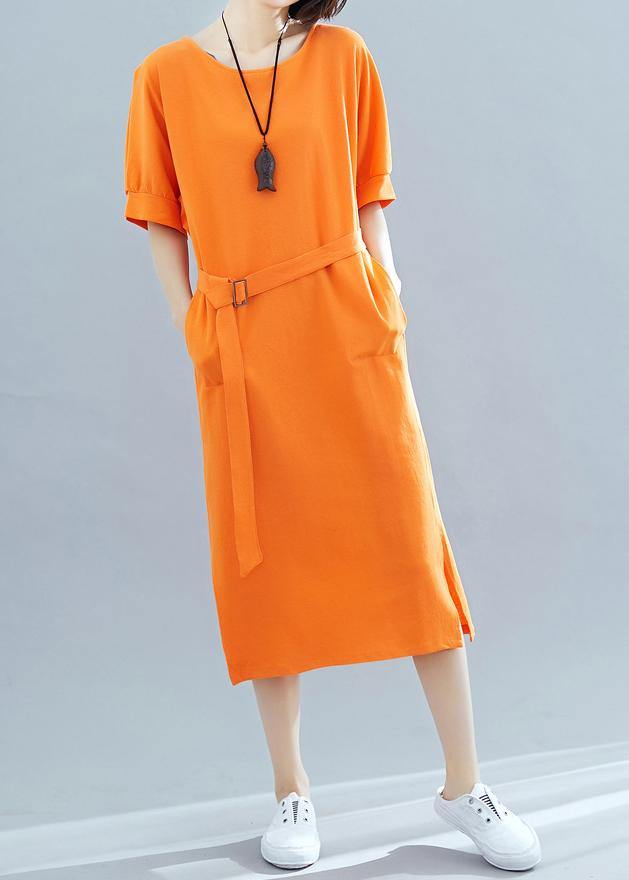 Beautiful orange cotton quilting clothes o neck side open A Line summer Dresses - SooLinen