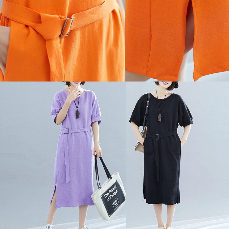 Beautiful orange cotton quilting clothes o neck side open A Line summer Dresses - SooLinen