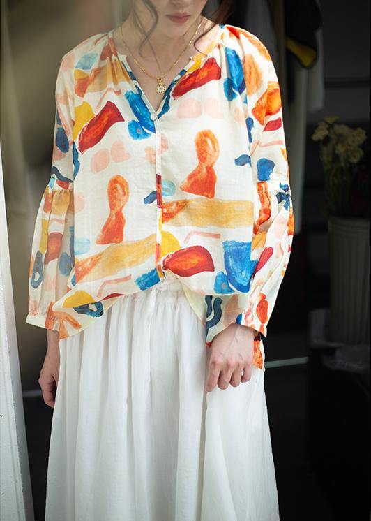 Beautiful orange print clothes v neck low high design summer blouse - SooLinen