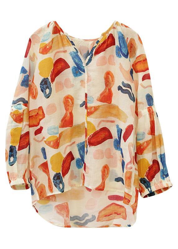 Beautiful orange print clothes v neck low high design summer blouse - SooLinen