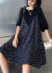 Beautiful patchwork Cotton summer dress Work Outfits black dotted Dress - SooLinen