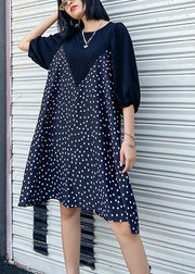 Beautiful patchwork Cotton summer dress Work Outfits black dotted Dress - SooLinen
