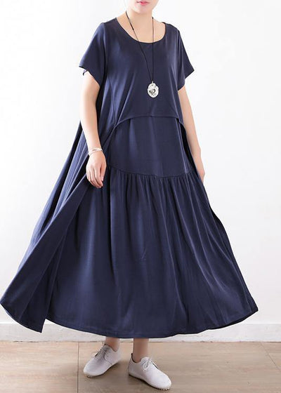 Beautiful patchwork exra large hem silk clothes Fitted Neckline dull blue Maxi Dresses Summer - SooLinen