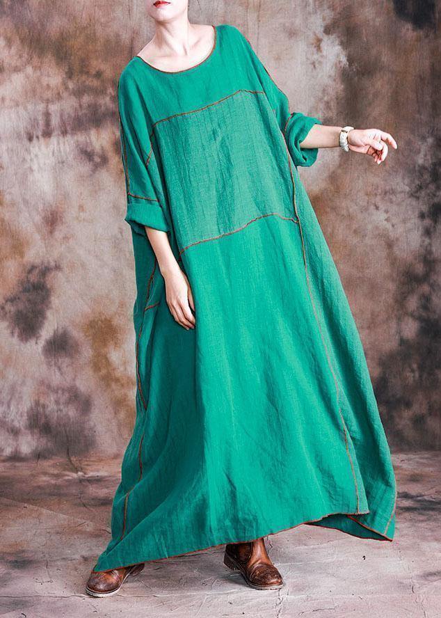 Beautiful patchwork linen dresses Shirts green Batwing Sleeve Dresses fall - SooLinen