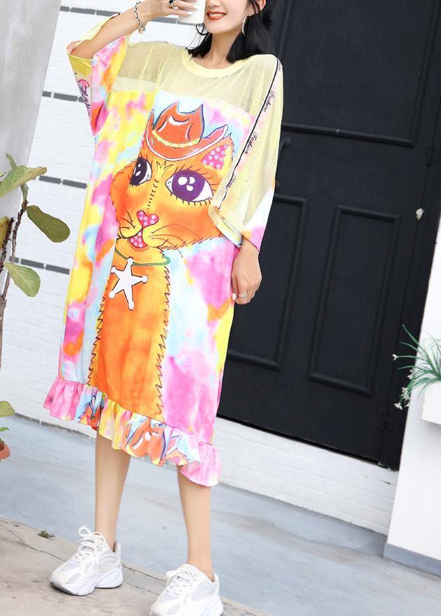 Beautiful patchwork short sleeve cotton Tunics Fashion Ideas Cartoon print long Dresses summer - SooLinen