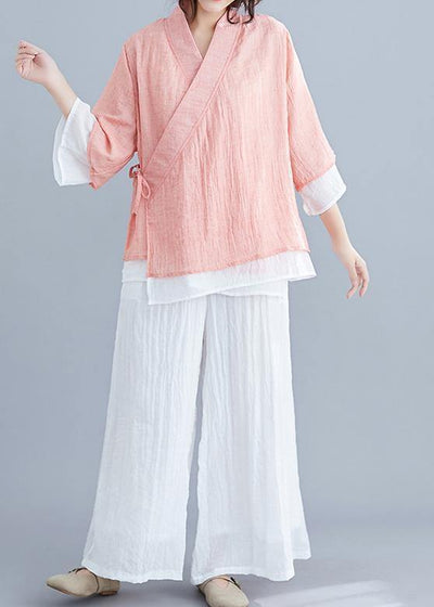 Beautiful pink cotton Shirts Wardrobes v neck half sleeve summer blouse - SooLinen