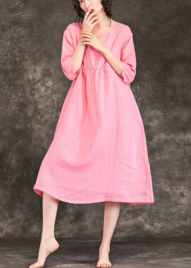 Beautiful pink linen clothes For Women fine Sewing o neck Cinched baggy Summer Dress