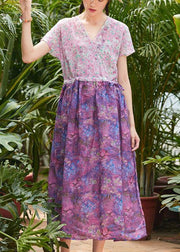Beautiful pink print linen clothes For Women v neck patchwork long summer Dress - SooLinen