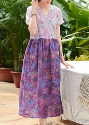 Beautiful pink print linen clothes For Women v neck patchwork long summer Dress - SooLinen