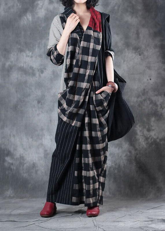 Beautiful plaid patchwork striped linen clothes asymmetric Dresses v neck Dresses - SooLinen