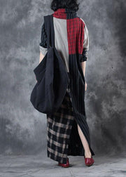 Beautiful plaid patchwork striped linen clothes asymmetric Dresses v neck Dresses - SooLinen