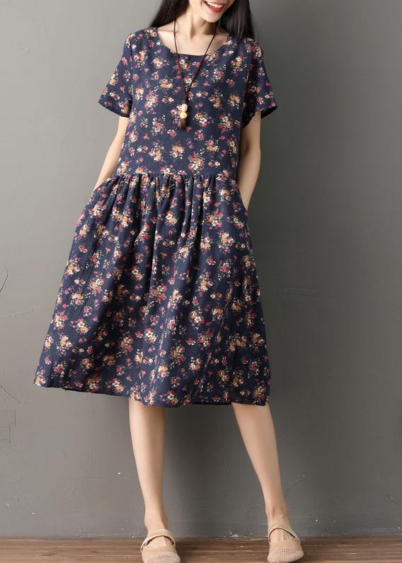 Beautiful print cotton clothes Indian Sewing navy oversized Dresses summer - SooLinen