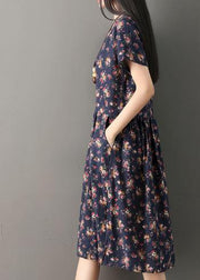 Beautiful print cotton clothes Indian Sewing navy oversized Dresses summer - SooLinen