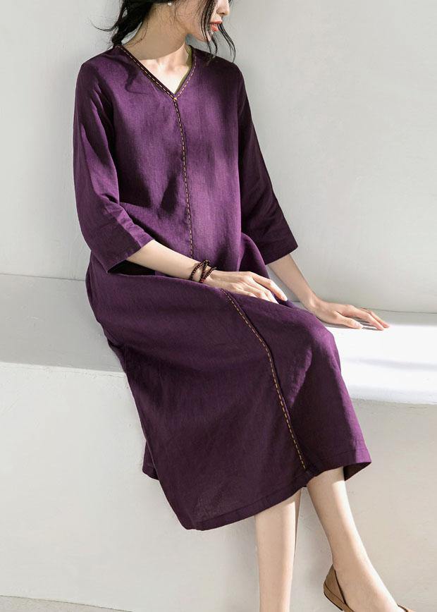 Beautiful purple linen Robes v neck tie waist Dress - SooLinen