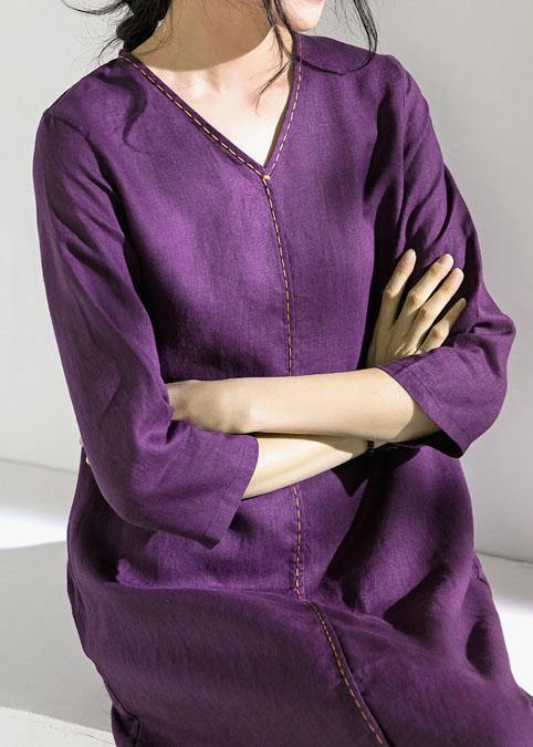 Beautiful purple linen Robes v neck tie waist Dress - SooLinen