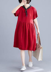 Beautiful red Cotton clothes v neck Cinched cotton Dresses - SooLinen
