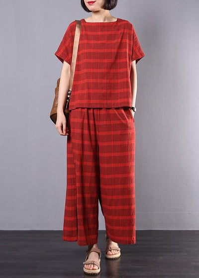 Beautiful red Plaid cotton Pakistani Design Split Casual Two Piece Suit - SooLinen