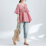 Beautiful red Plaid linen clothes For Women Plus Size Fashion Ideas v neck Butterfly Sleeve Plus Size blouses
