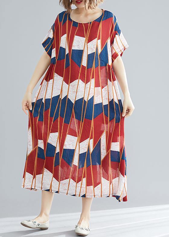 Beautiful red blue Plaid cotton quilting clothes Plus Size pattern o neck Kaftan Summer Dress - SooLinen