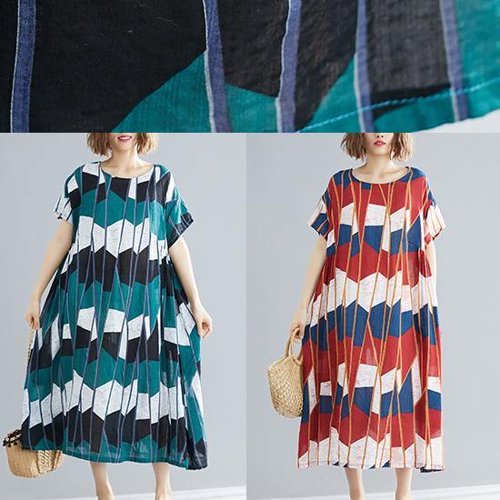 Beautiful red blue Plaid cotton quilting clothes Plus Size pattern o neck Kaftan Summer Dress - SooLinen