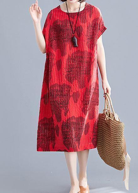 Beautiful red print cotton clothes striped o neck loose summer Dress - SooLinen