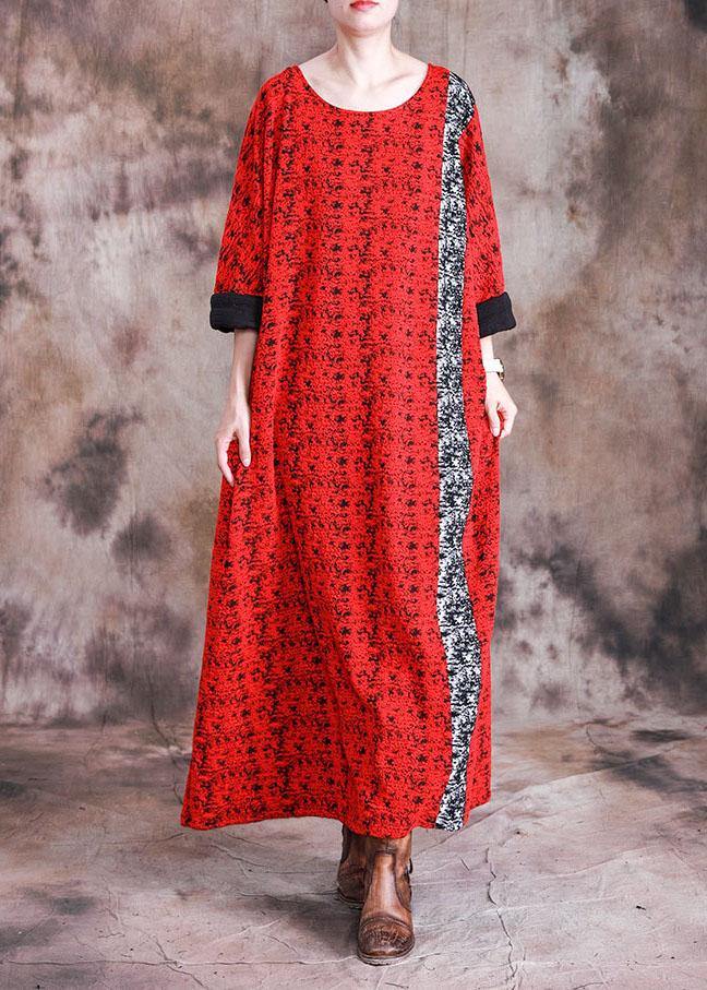 Beautiful red print cotton quilting dresses o neck long sleeve robes fall Dresses - SooLinen