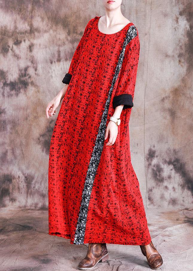Beautiful red print cotton quilting dresses o neck long sleeve robes fall Dresses - SooLinen