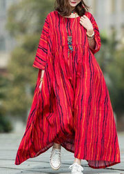 Beautiful Red Striped Linen Cotton Robes O Neck Large Hem Traveling Summer Dresses - SooLinen