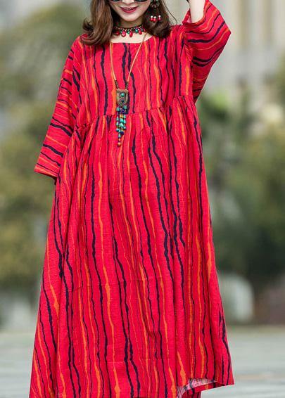 Beautiful Red Striped Linen Cotton Robes O Neck Large Hem Traveling Summer Dresses - SooLinen
