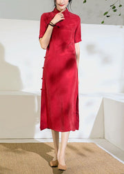 Beautiful red tunics for women stand collar Chinese Button Kaftan summer Dress - SooLinen