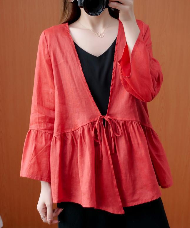 Beautiful red tunics for women v neck Ruffles loose summer blouses - SooLinen