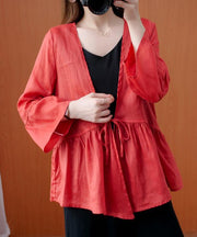 Beautiful red tunics for women v neck Ruffles loose summer blouses - SooLinen