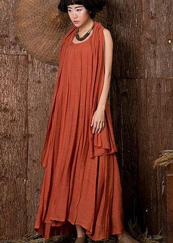 Beautiful sleeveless linen clothes For Women Outfits orange Dress summer - SooLinen
